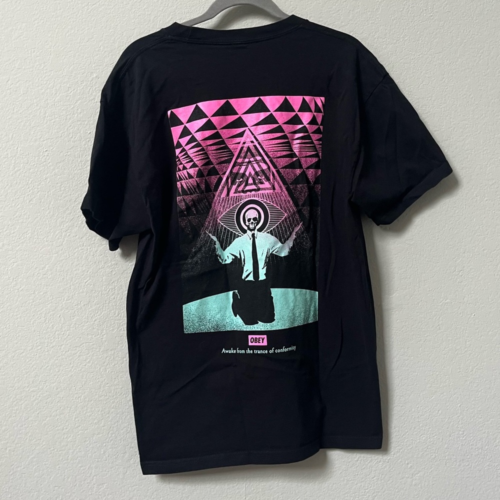 Obey Men’s Black Graphic Tee with Pink & Teal Print on back